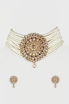 Gold Finish Kundan Polki & Pearl Choker Necklace Set