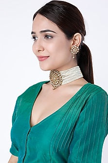 Gold Finish Kundan Polki & Pearl Choker Necklace Set