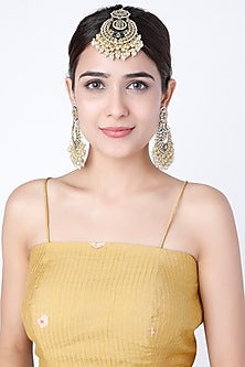 Gold Finish Meenakari Chandbali Earrings With Maang Tikka