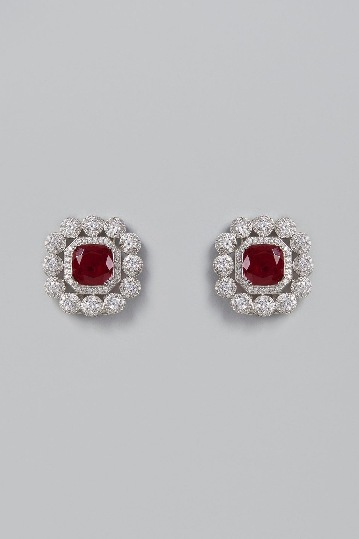 White Finish Ruby & Zircons Stud Earrings