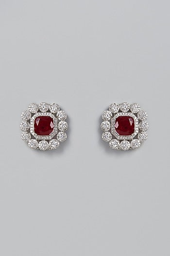 White Finish Ruby & Zircons Stud Earrings