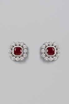 White Finish Ruby & Zircons Stud Earrings