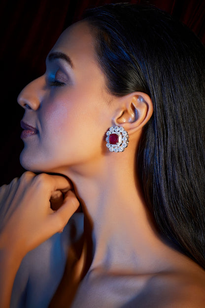 White Finish Ruby & Zircons Stud Earrings