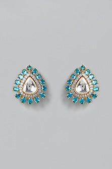 Gold Finish Aqua Stone Stud Earrings