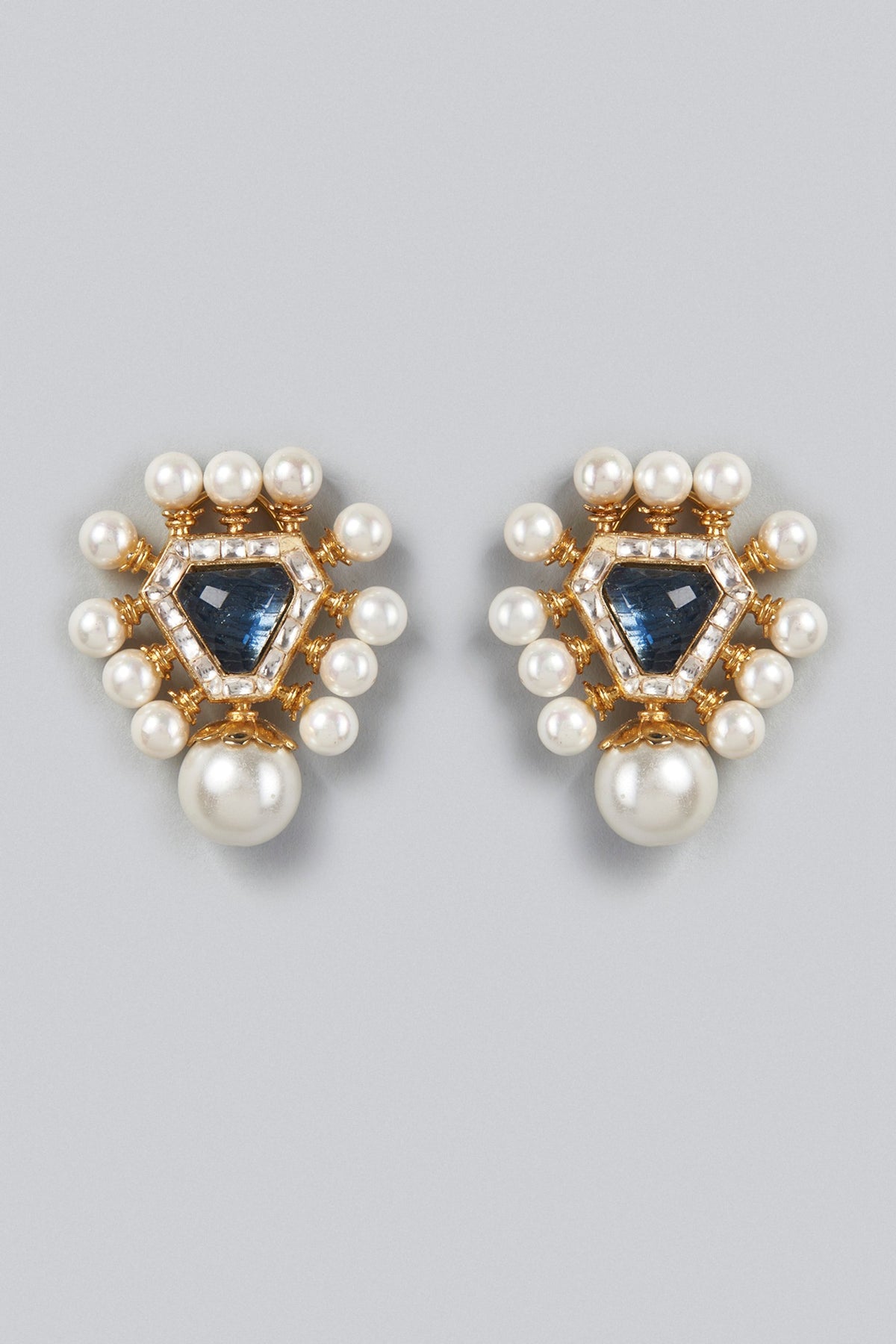 Gold Finish Pearls Triangle Stud Earrings