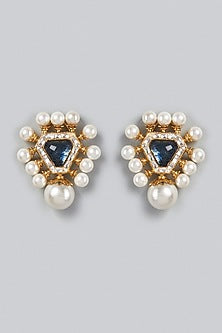 Gold Finish Pearls Triangle Stud Earrings