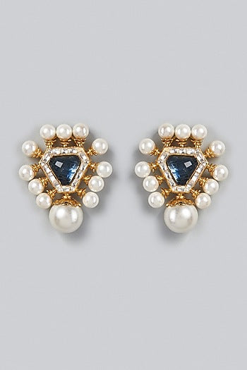 Gold Finish Pearls Triangle Stud Earrings