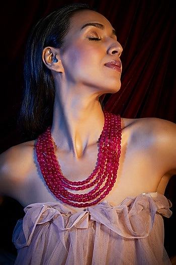 Long Layered Ruby & Pearls Necklace