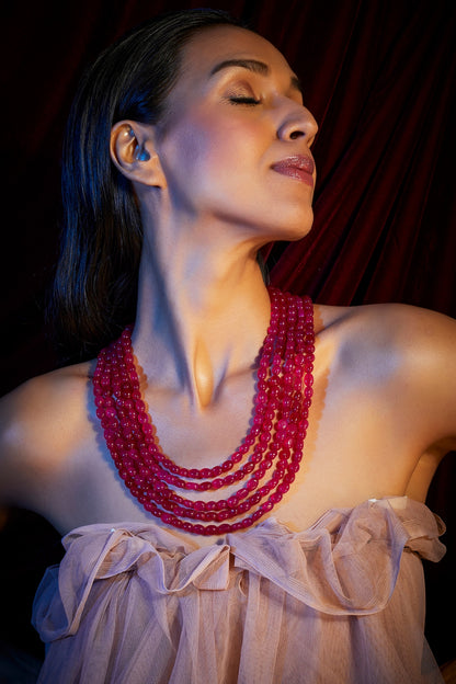 Long Layered Ruby & Pearls Necklace