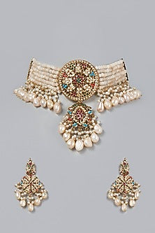 Gold Finish Synthetic stones Choker Necklace Set
