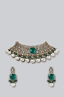 Gold Finish Emeralds & Zircons Choker Necklace Set