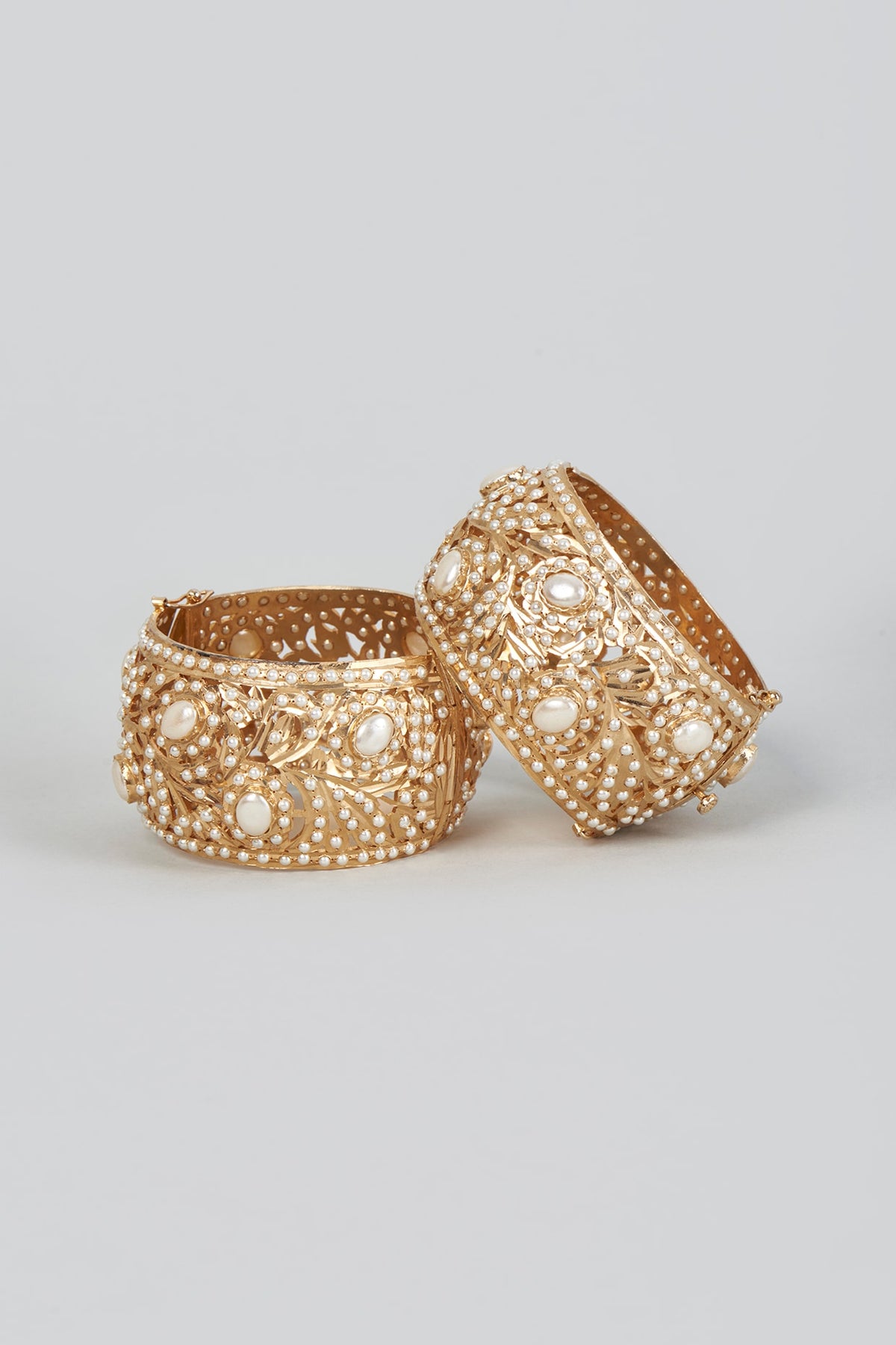 Gold Finish Jadau Pearls Bangles (Set of 2)