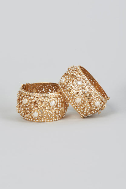 Gold Finish Jadau Pearls Bangles (Set of 2)