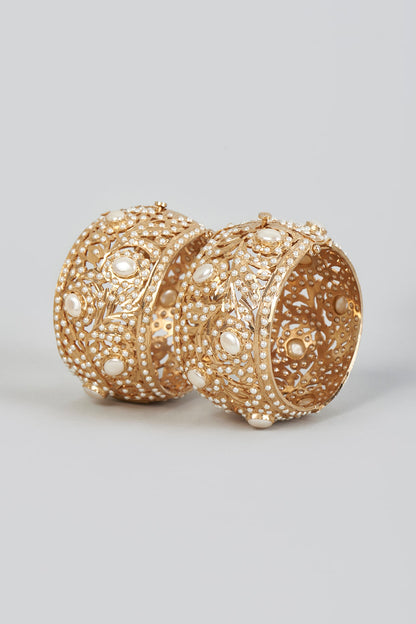 Gold Finish Jadau Pearls Bangles (Set of 2)