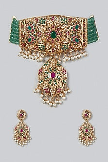 Gold Finish Navratan Choker Necklace Set