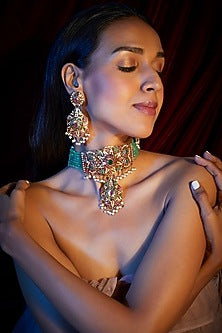 Gold Finish Navratan Choker Necklace Set