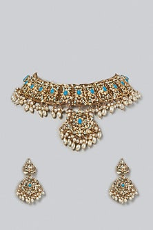 Gold Finish Turquoise Stones & Pearls Choker Necklace Set
