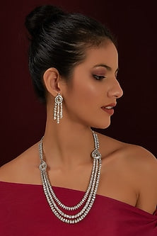 White Finish Zircon Layered Long Necklace Set