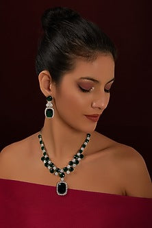 White Finish Zircon & Emerald Stone Long Necklace Set