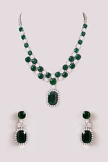 White Finish Zircon & Emerald Stone Long Necklace Set