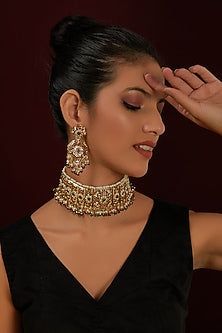 Gold Finish Multi-Colored Jadau Stone & Pearl Choker Necklace Set