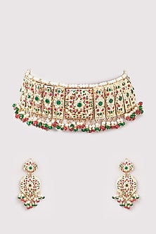 Gold Finish Multi-Colored Jadau Stone & Pearl Choker Necklace Set