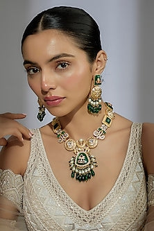 Gold Finish Kundan Polki & Emerald Stone Meenakari Long Necklace Set