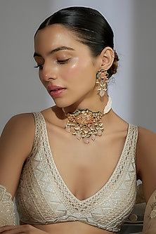 Gold Finish Kundan Polki Meenakari Choker Necklace Set