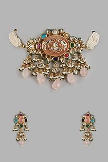 Gold Finish Kundan Polki Meenakari Choker Necklace Set