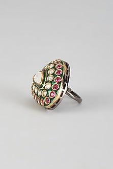 Gold Finish Kundan Polki Meenakari Ring