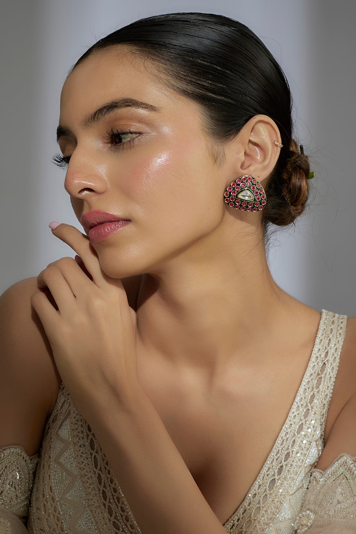 Gold Finish Kundan Polki Stud Earrings