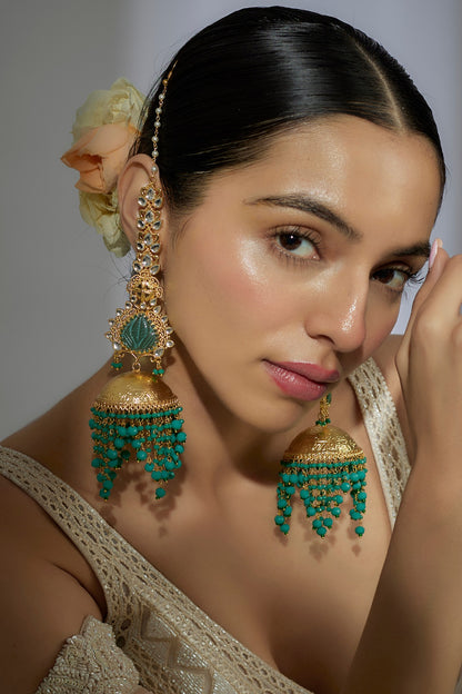 Gold Finish Emerald Beaded & Kundan Polki Dangler Earrings