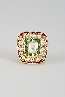 Gold Finish Kundan Polki Meenakari Ring