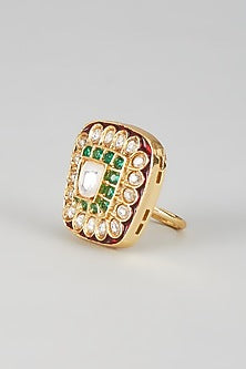 Gold Finish Kundan Polki Meenakari Ring