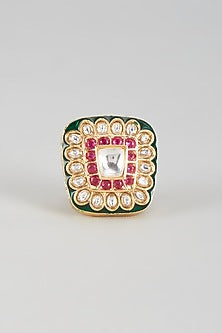 Gold Finish Kundan Polki & Green Stone Meenakari Ring