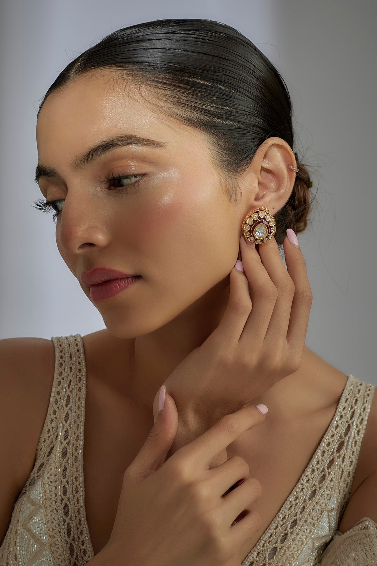 Gold Finish Kundan Polki Meenakari Stud Earrings