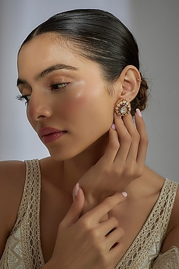 Gold Finish Kundan Polki Meenakari Stud Earrings