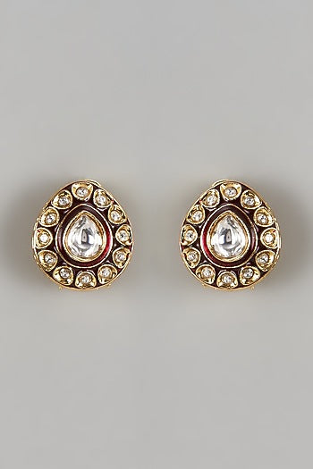 Gold Finish Kundan Polki Meenakari Stud Earrings