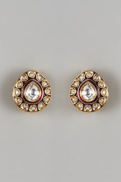 Gold Finish Kundan Polki Meenakari Stud Earrings