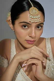 Gold Finish Kundan Polki & Pearl Maangtikka