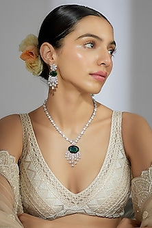 White Finish Zircon & Emerald Stone Long Necklace Set