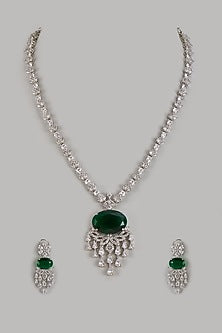 White Finish Zircon & Emerald Stone Long Necklace Set