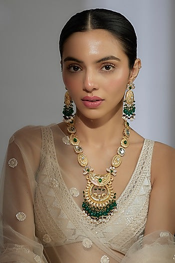 Gold Finish Kundan Polki & Emerald Stone Long Necklace Set