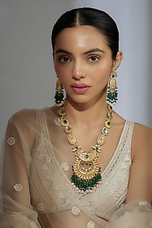 Gold Finish Kundan Polki & Emerald Stone Long Necklace Set