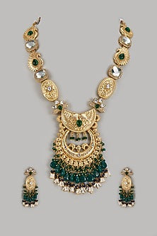 Gold Finish Kundan Polki & Emerald Stone Long Necklace Set