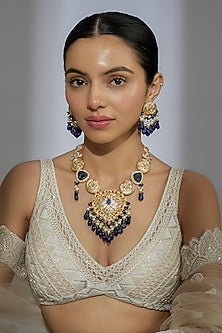Gold Finish Kundan Polki & Blue Stone Long Necklace Set