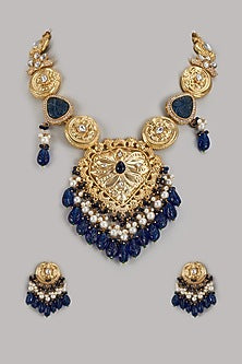 Gold Finish Kundan Polki & Blue Stone Long Necklace Set