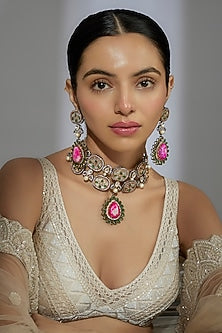 Gold Finish Hot Pink Stone & Zircon Choker Necklace Set