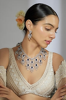 White Finish Zircon & Blue Stone Long Necklace Set