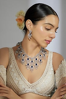 White Finish Zircon & Blue Stone Long Necklace Set